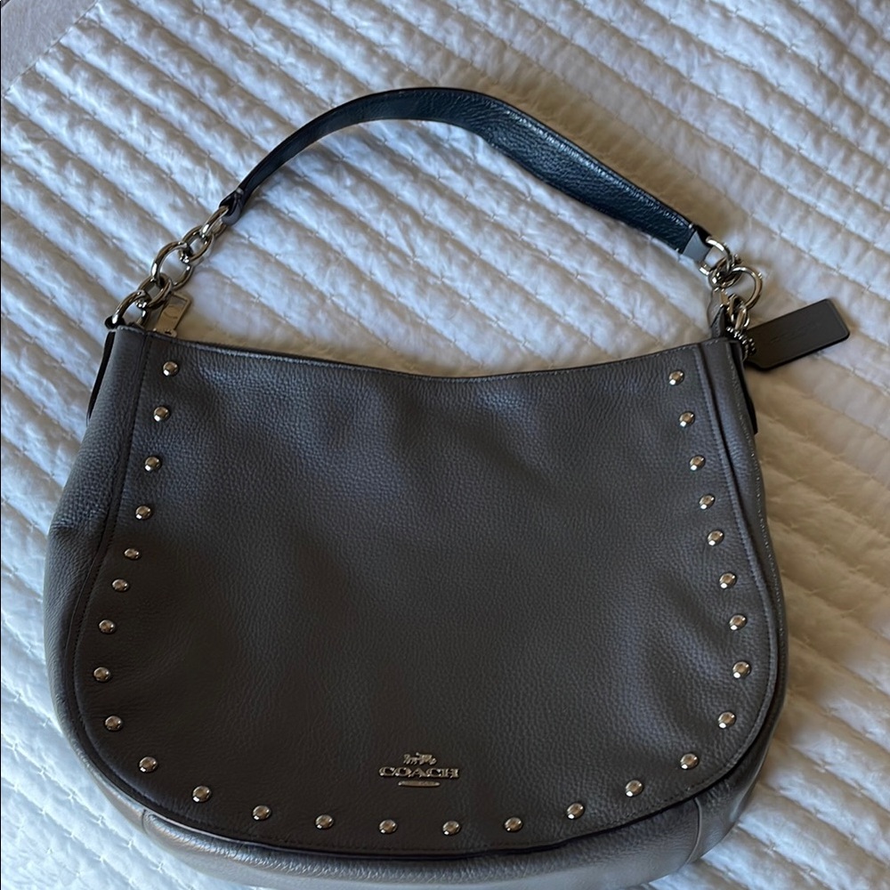 Coach Gray Leather Studded Shoulder Bag